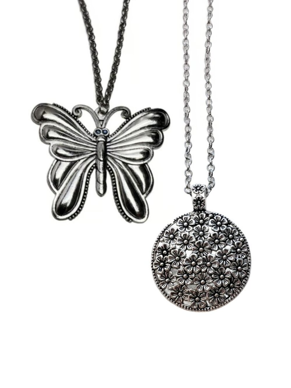 Set of 2 Summer Pendant Necklaces Butterfly Flower Antique Silver Tone